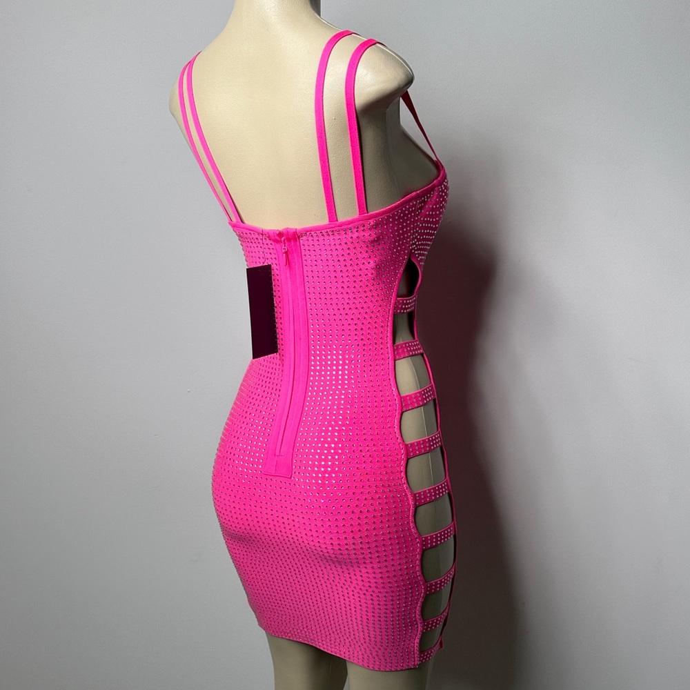 AKIRA Hot Pink Studded Cutout Bodycon Mini Dress - Picture 9 of 10